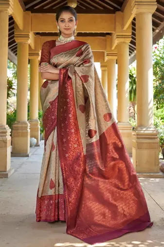 Traditional jacquard gold resham thread pure silk blend multicolor saree with unstitched blouse