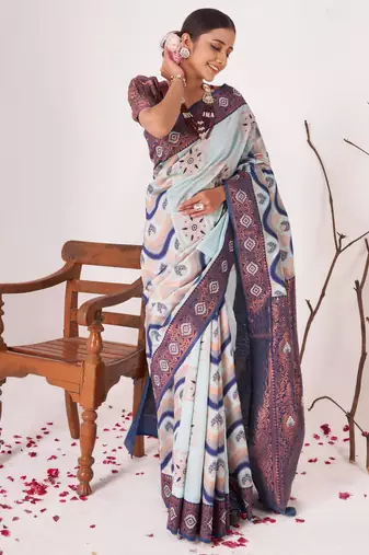 Celebrity inspired light blue banarasi silk all seasons saree with unstitched blouse