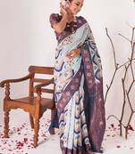 Celebrity inspired light blue banarasi silk all seasons saree with unstitched blouse