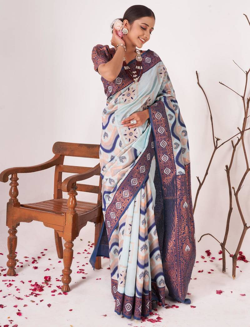 Celebrity inspired light blue banarasi silk all seasons saree with unstitched blouse