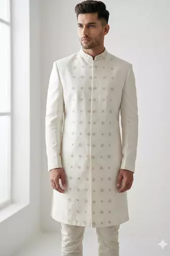 cream art silk sherwani set with thread work