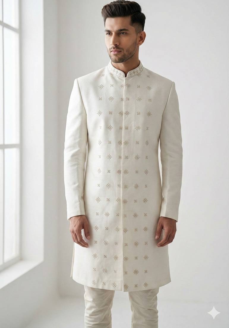 cream art silk sherwani set with thread work