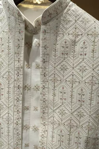 cream art silk sherwani set with thread work