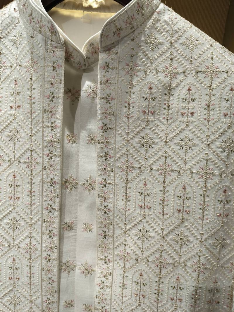 cream art silk sherwani set with thread work