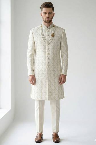 Off-white pearl & crystal work silk blend wedding sherwani with mandarin collar