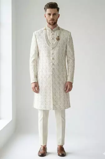 Off-white pearl & crystal work silk blend wedding sherwani with mandarin collar
