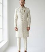 Off-white pearl & crystal work silk blend wedding sherwani with mandarin collar