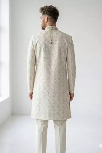 Off-white pearl & crystal work silk blend wedding sherwani with mandarin collar