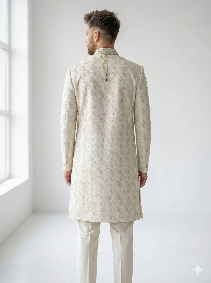 Off-white pearl & crystal work silk blend wedding sherwani with mandarin collar