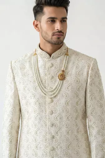 Off-white pearl & crystal work silk blend wedding sherwani with mandarin collar