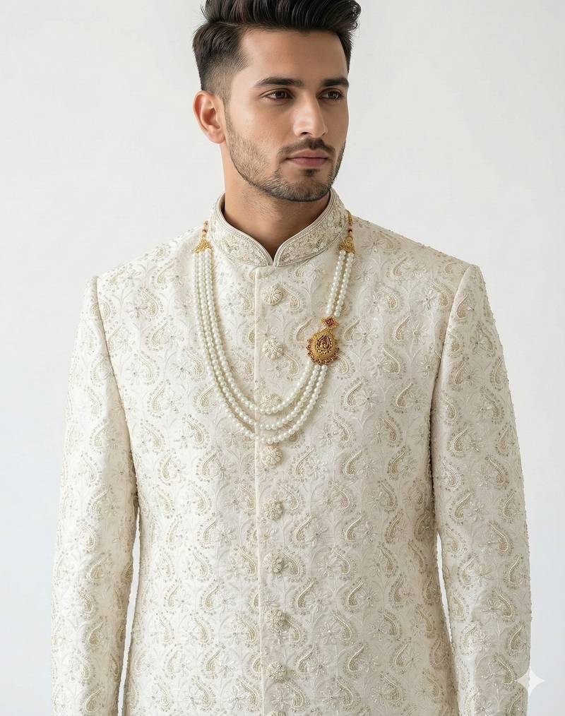 Off-white pearl & crystal work silk blend wedding sherwani with mandarin collar