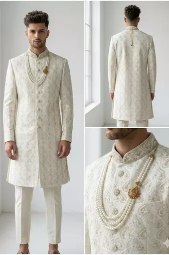 Off-white pearl & crystal work silk blend wedding sherwani with mandarin collar