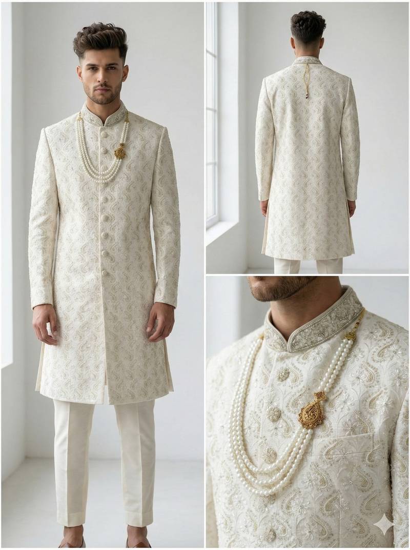 Off-white pearl & crystal work silk blend wedding sherwani with mandarin collar
