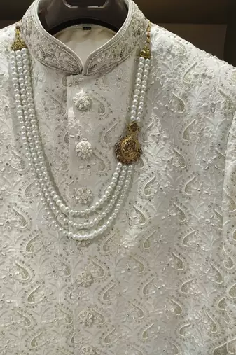 Off-white pearl & crystal work silk blend wedding sherwani with mandarin collar