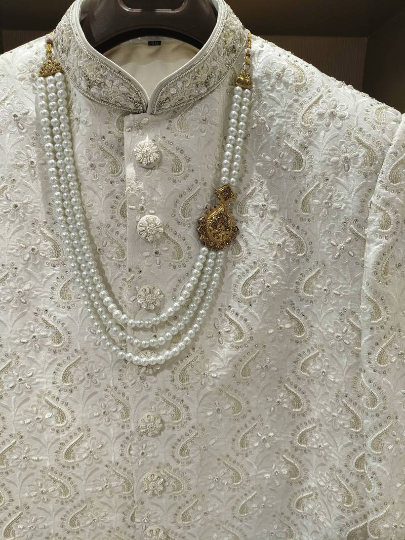 Off-white pearl & crystal work silk blend wedding sherwani with mandarin collar