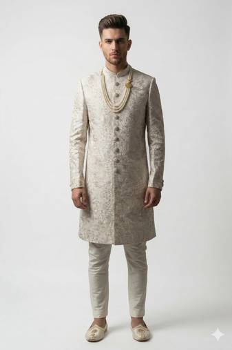 Ivory floral embroidered silk jacquard sherwani with mandarin collar for weddings and festive occasions