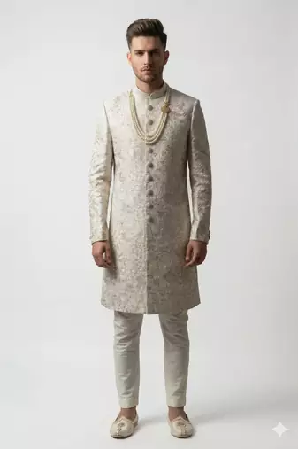 Ivory floral embroidered silk jacquard sherwani with mandarin collar for weddings and festive occasions