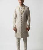 Ivory floral embroidered silk jacquard sherwani with mandarin collar for weddings and festive occasions