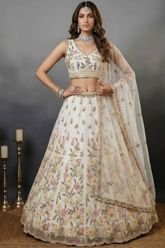 Delightful White Floral Embroidered Net Bridesmaid Lehenga Choli