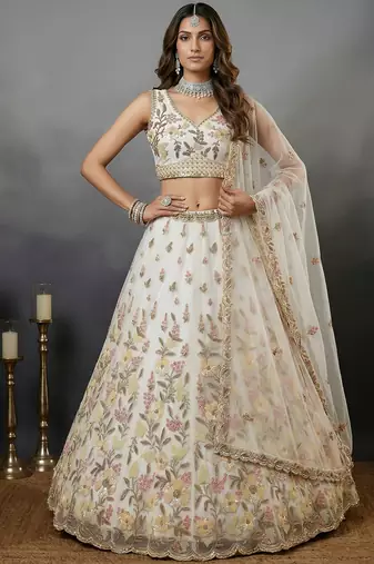 Delightful White Floral Embroidered Net Bridesmaid Lehenga Choli