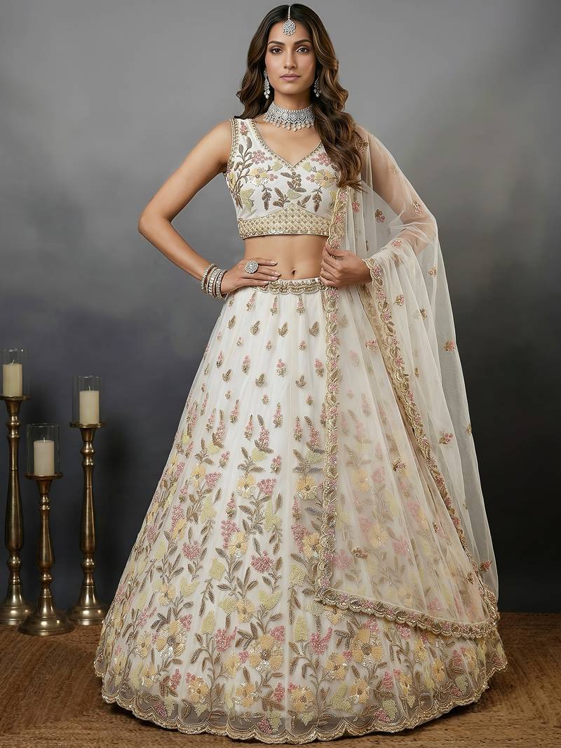 Delightful White Floral Embroidered Net Bridesmaid Lehenga Choli