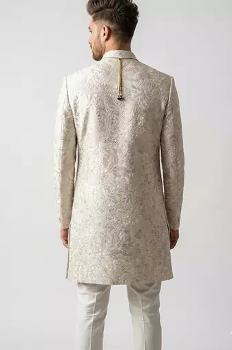 Ivory floral embroidered silk jacquard sherwani with mandarin collar for weddings and festive occasions