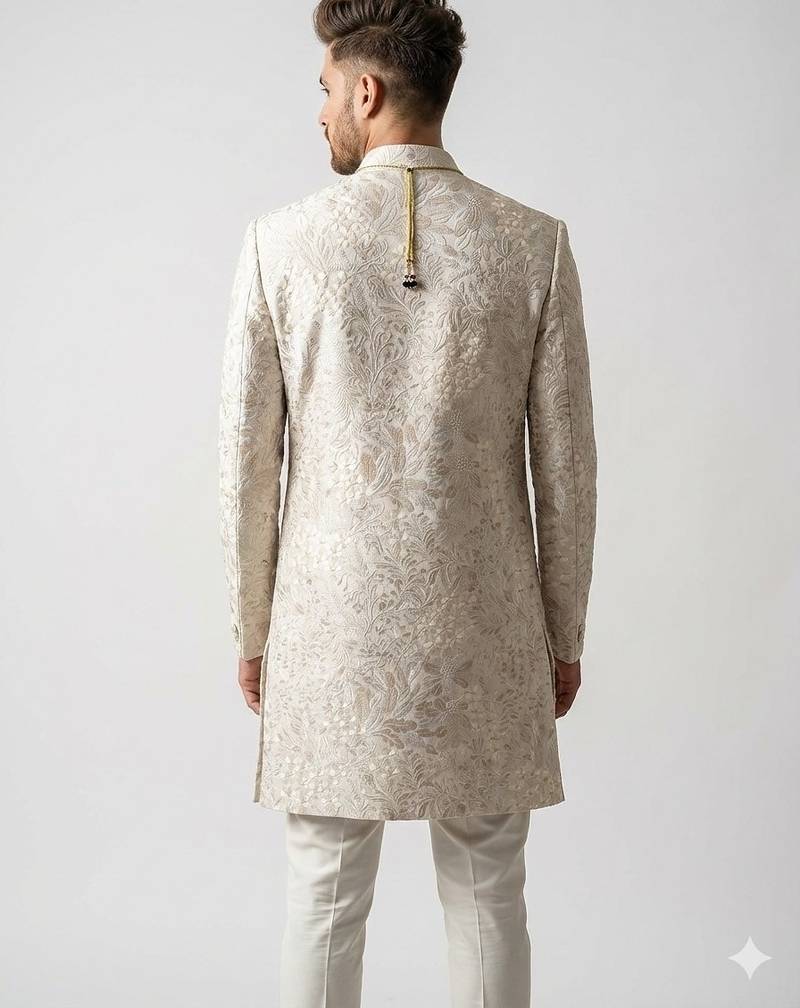 Ivory floral embroidered silk jacquard sherwani with mandarin collar for weddings and festive occasions
