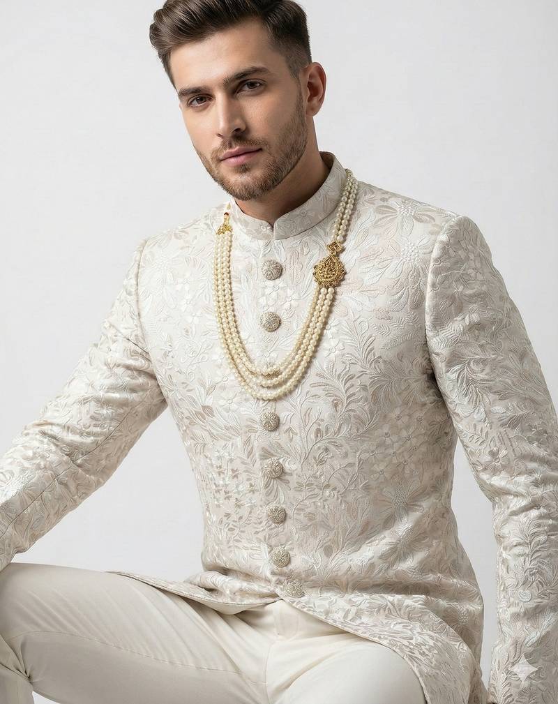 Ivory floral embroidered silk jacquard sherwani with mandarin collar for weddings and festive occasions
