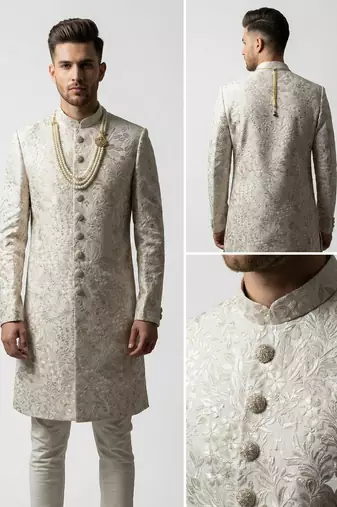 Ivory floral embroidered silk jacquard sherwani with mandarin collar for weddings and festive occasions