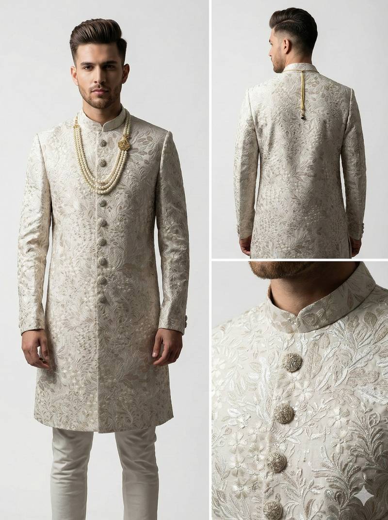 Ivory floral embroidered silk jacquard sherwani with mandarin collar for weddings and festive occasions