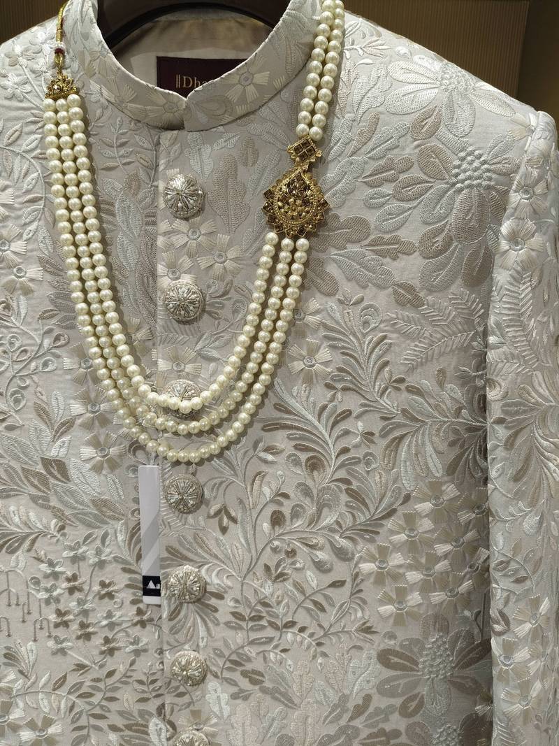 Ivory floral embroidered silk jacquard sherwani with mandarin collar for weddings and festive occasions