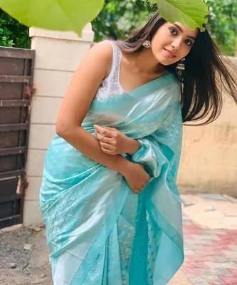 Aqua blue silk blend banarasi jaquard designer saree with blouse 3