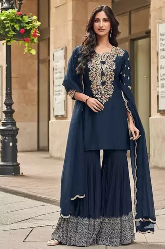 Women navy blue floral embroidered kurta sharara dupatta set