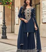 Women navy blue floral embroidered kurta sharara dupatta set