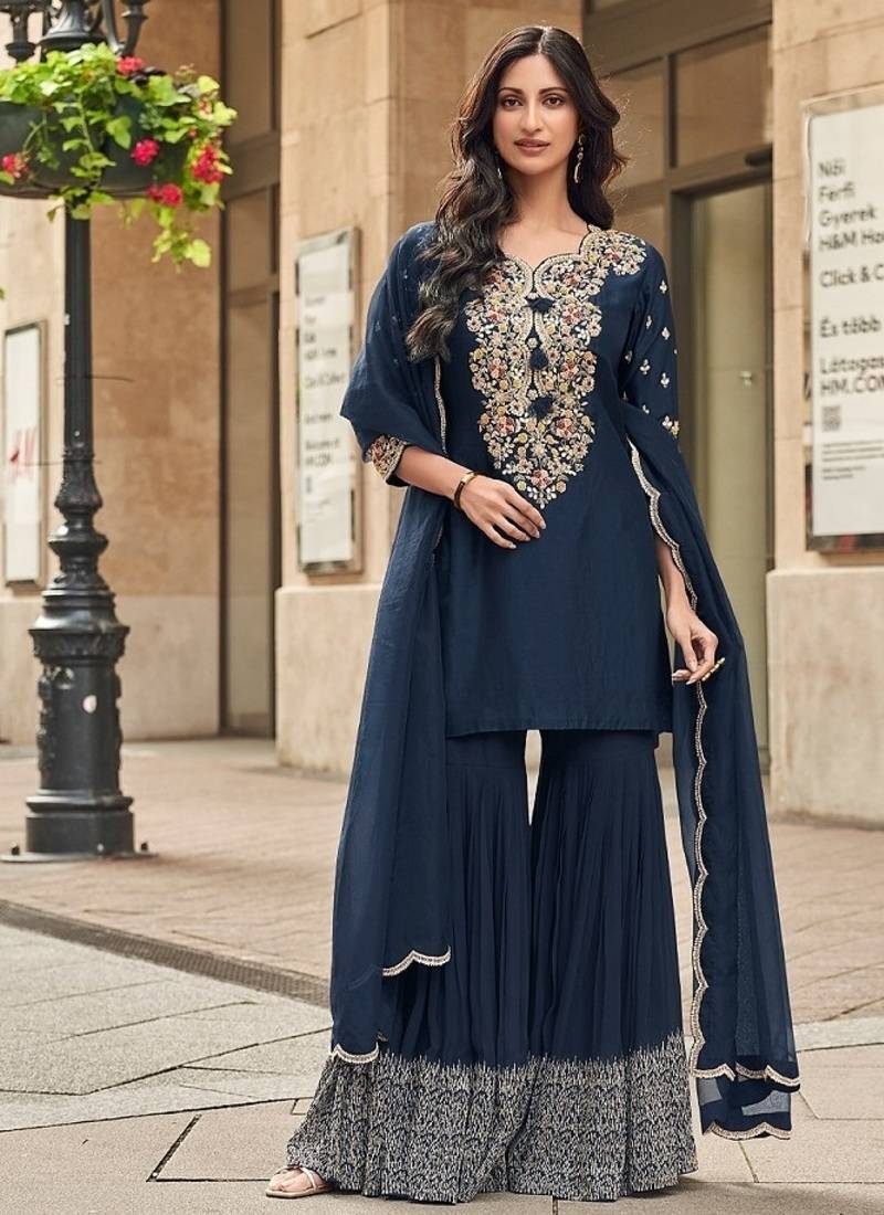 Women navy blue floral embroidered kurta sharara dupatta set