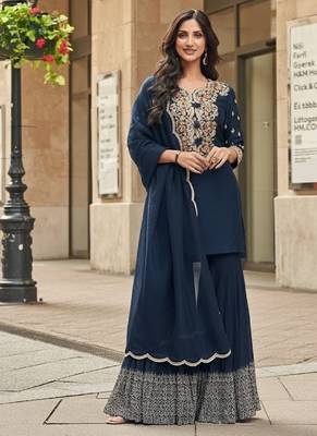 navy blue floral embroidered kurta sharara set festive wear 2