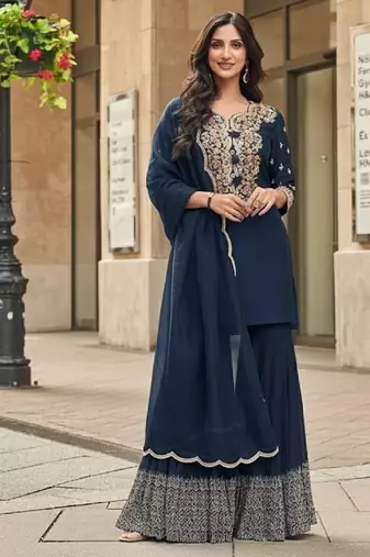navy blue floral embroidered kurta sharara set festive wear