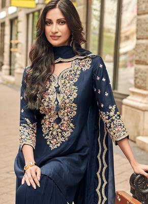 navy blue floral embroidered kurta sharara set festive wear 3