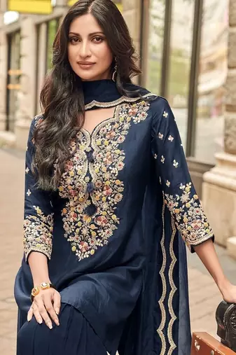 navy blue floral embroidered kurta sharara set festive wear