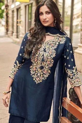 navy blue floral embroidered kurta sharara set festive wear