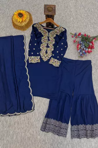 navy blue floral embroidered kurta sharara set festive wear
