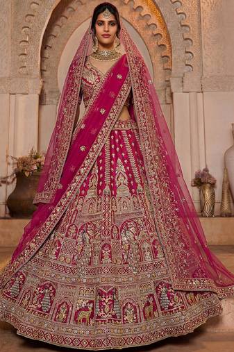 Dazzling Rani Pink Zari Work Silk Bridal Lehenga Choli With Double Dupatta