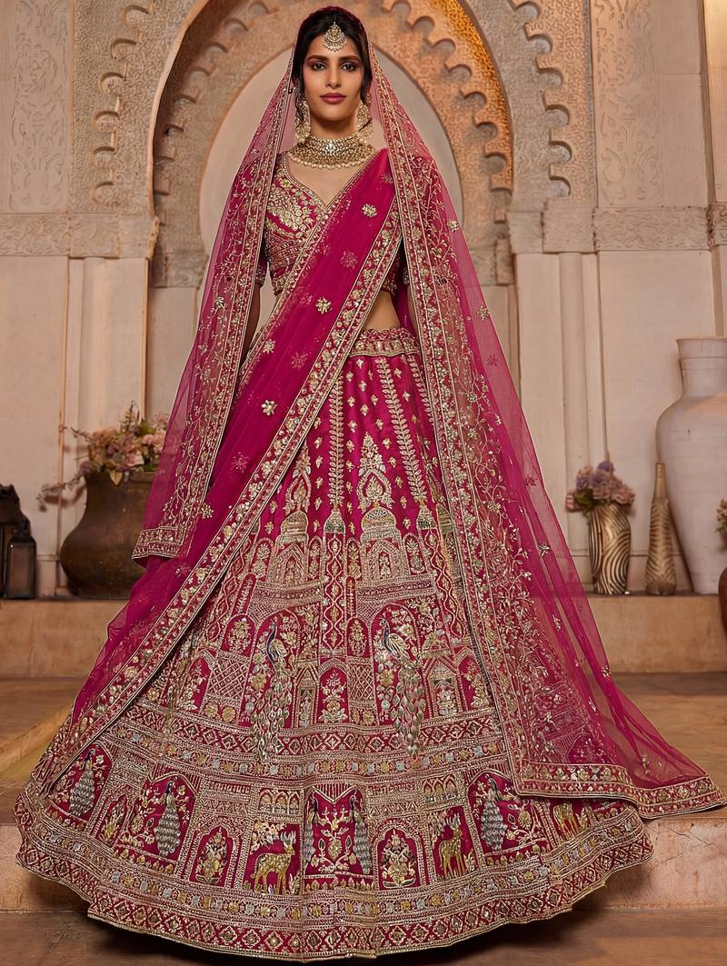 Dazzling Rani Pink Zari Work Silk Bridal Lehenga Choli With Double Dupatta