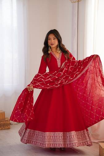 Red embroidered heavy pure blooming vichitra silk fully stitched kali pattern anarkali set