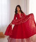 Red embroidered heavy pure blooming vichitra silk fully stitched kali pattern anarkali set