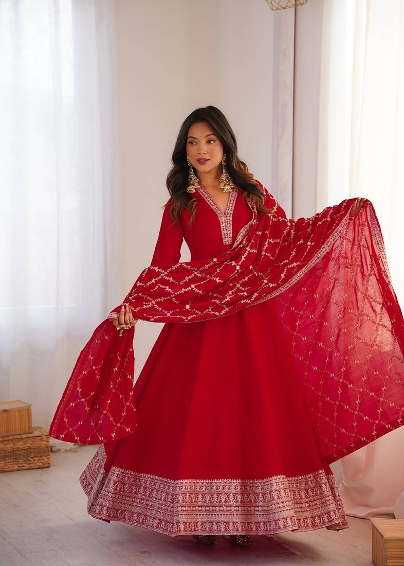Red embroidered heavy pure blooming vichitra silk fully stitched kali pattern anarkali set