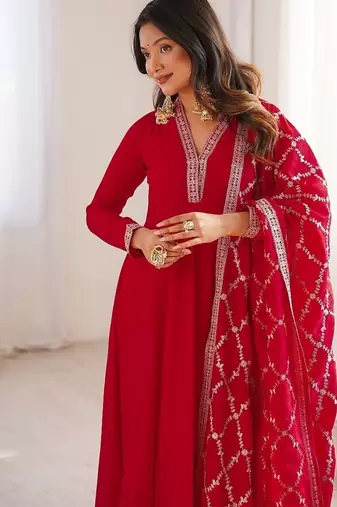 Red embroidered heavy pure blooming vichitra silk fully stitched kali pattern anarkali set