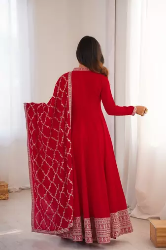 Red embroidered heavy pure blooming vichitra silk fully stitched kali pattern anarkali set