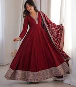 Maroon embroidered heavy pure blooming vichitra silk fully stitched kali pattern anarkali set