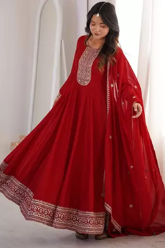 Red embroidered premium pure vichitra silk fully stitched flared anarkali gown